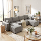 Ecksofa mit Doppel-Chaiselongues, U-förmiges Sofa aus Cordstoff mit breitem und tiefem Sitz, Federkernkissen, Hellgrau