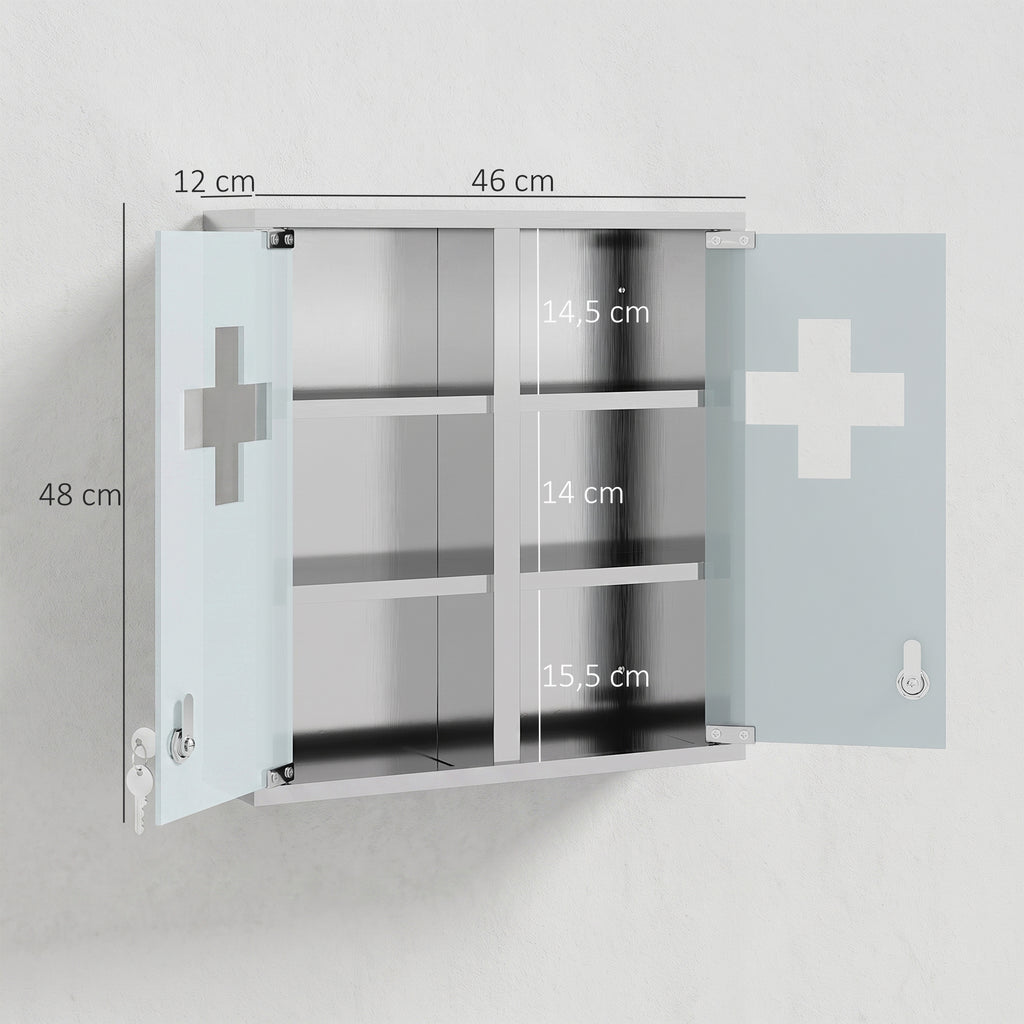 Medizinschrank, Abschließbarer Medikamentenschrank mit 2 Schlüsseln, Glastür und 6 Regalen, 48 x 46 x 12 cm, Silber