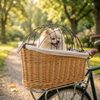 Fahrradkorb für Hunde & Katzen, Handgeflochtener Tierkorb mit Metallabdeckung & weichem Kissen, Hellbraun