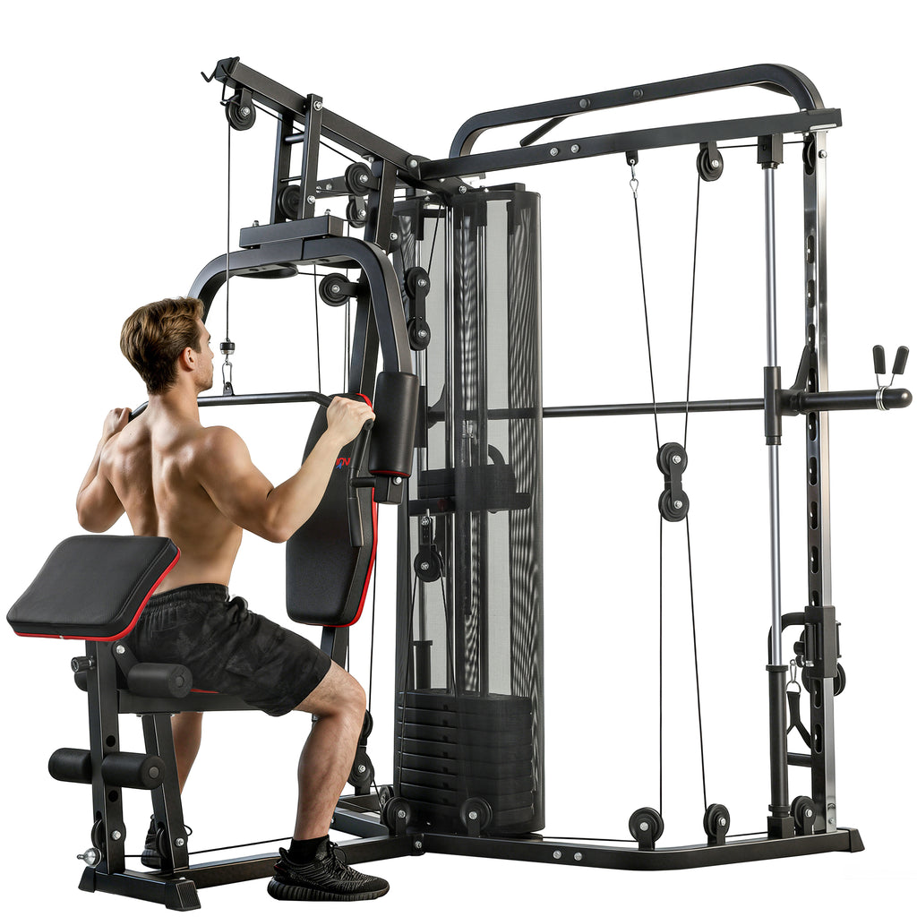 Home Multi Gym Smith Machine with 65kg Weight Stack, Cable Pulley System, Chest Station, Preacher Pad & Leg Developer
