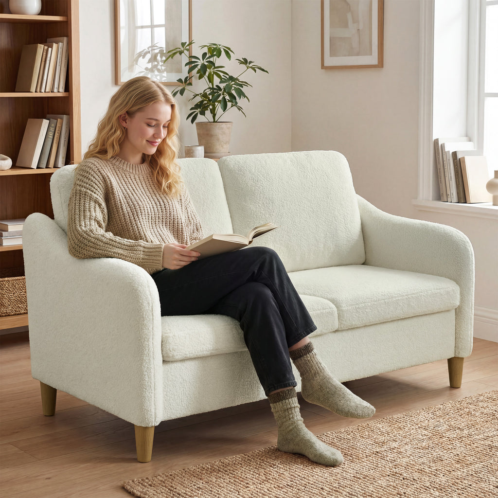 Sofa 2 Sitzer kleine Couch mit Sherpa-Fleece-Optik 137 cm f¨¹r Wohnzimmer Cremewei?