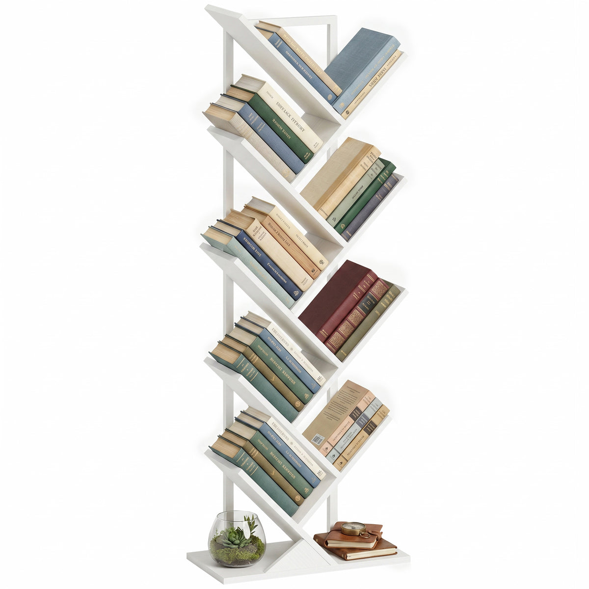 9-stufiges Baum-Bücherregal, freistehendes industrielles Bücherregal mit Stahlrahmen, Aufbewahrungseinheit für CDs, DVDs, Weiß