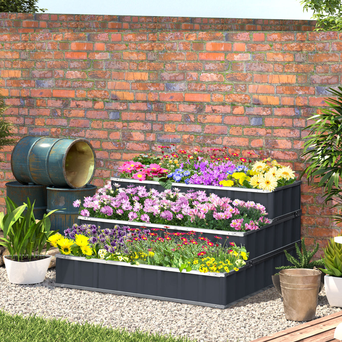  3 Tier Raised Garden Bed, Metal Elevated Planer Box Kit Flower Pot w/ A Pairs of Glove for Garden, Patio to Grow Vegetables, Herbs, Flowers, 118 x 118 x 62 cm, Grey