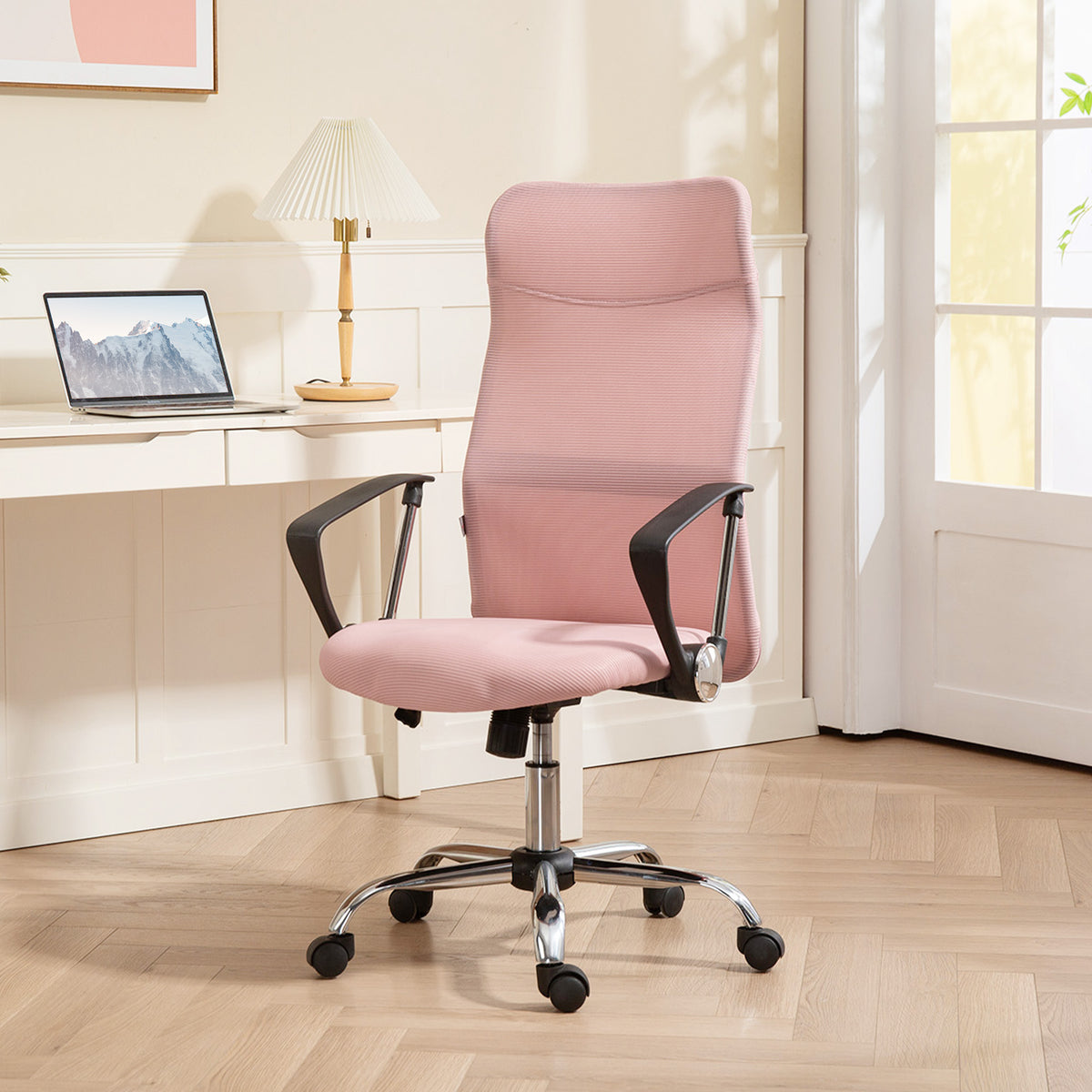Ergonomischer Bürostuhl Höhenverstellbarer Drehstuhl mit Wippfunktion, Netzbespannung, 63 x 65 x 109-119 cm Rosa