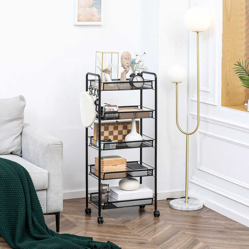 Five-Steel Mesh Basket Storage Trolley, with Wheels - Black