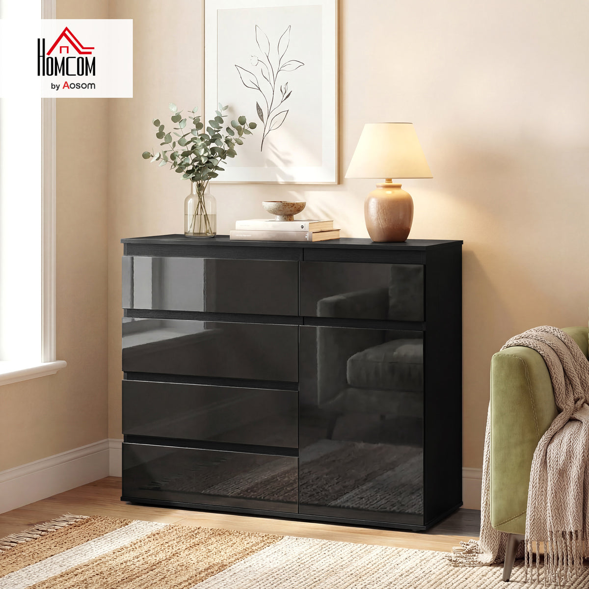 Modernes Sideboard, Stauraum-Sideboard mit 5 Schubladen, verstellbarem Regal, Soft-Close-Tür, Schwarz Hochglanz