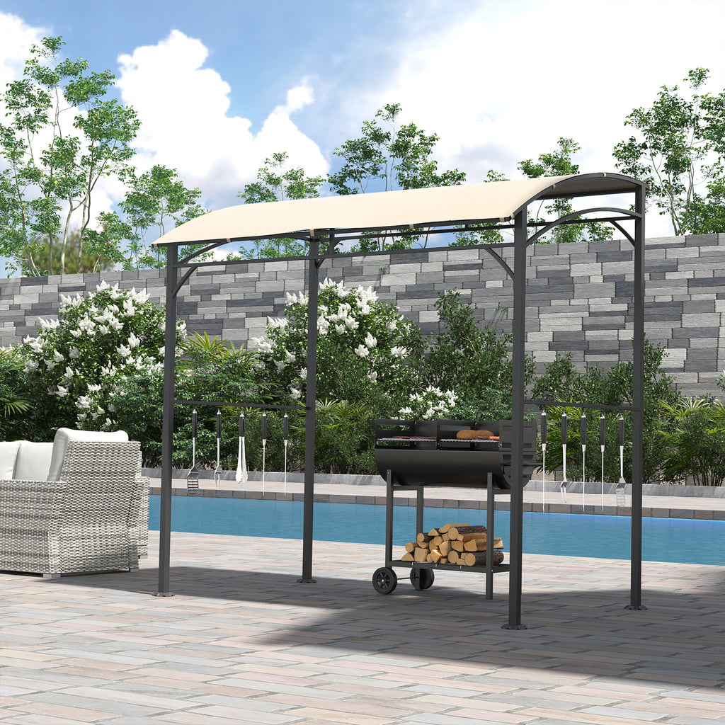 2.2 x 1.5 m BBQ Grill Gazebo Tent, Garden Grill with Metal Frame, Curved Canopy and 10 Hooks, Outdoor Sun Shade, Beige