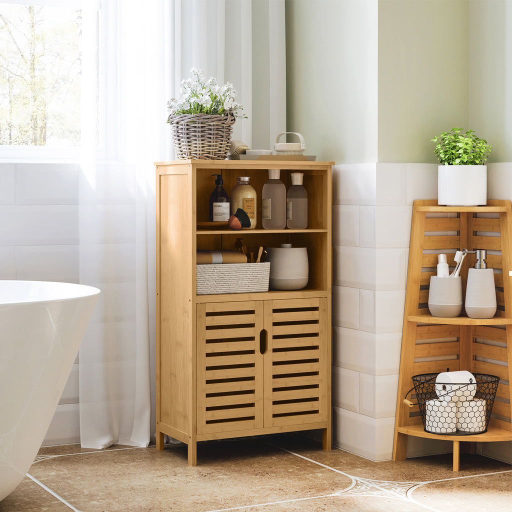 Badezimmerschrank aus Bambus, mit Lamellent¨¹ren, 2 Regale, 1 Schrank, 50?cm x 29?cm x 92?cm, Natur
