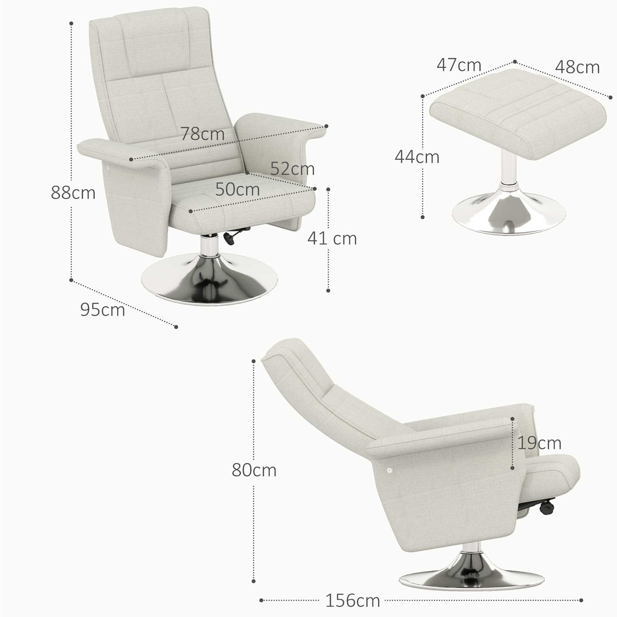 Massagesessel mit Hocker, neigbare Lehne, 78 x 95 x 88 cm, Creme