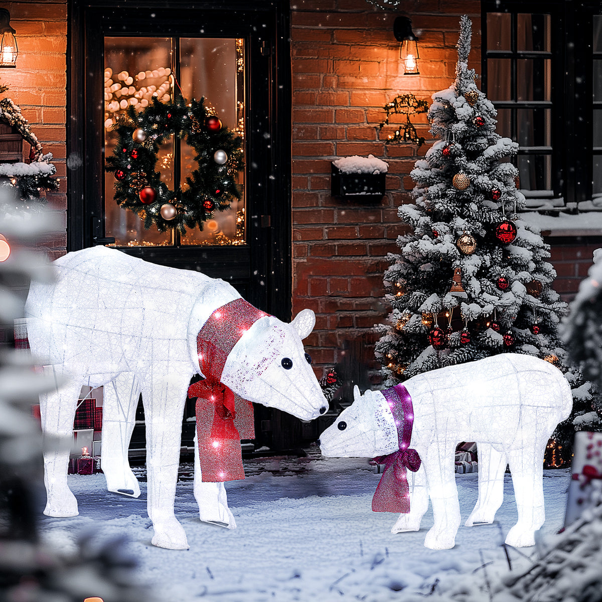 2-teilige Eisbären-Weihnachtsdekoration, 140 weiße LEDs, Wasserfest, Timer, für drinnen und draußen