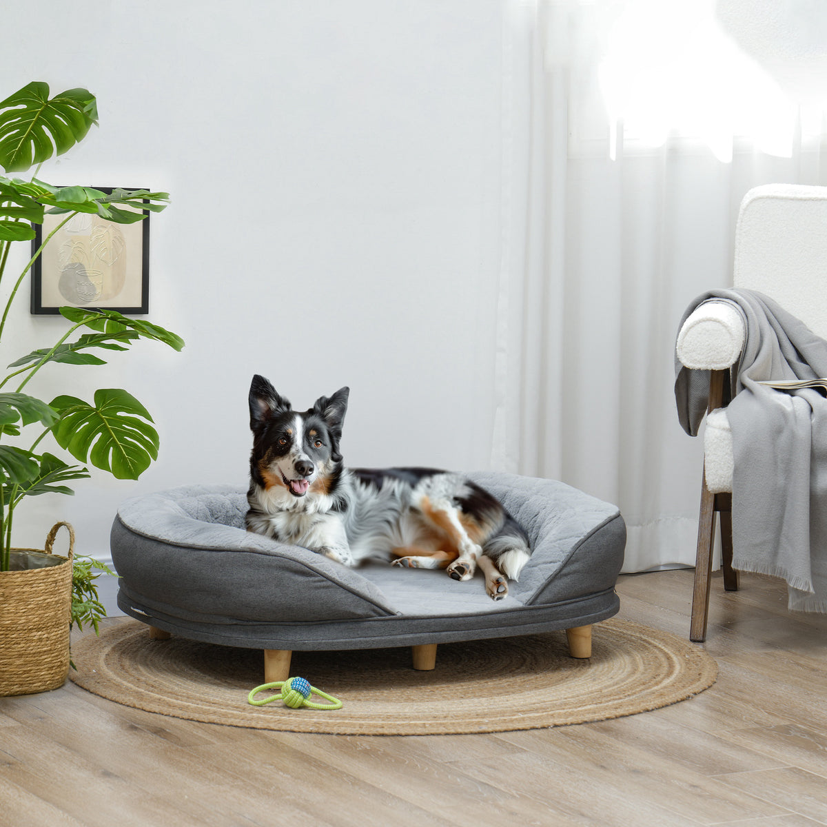 Hundebett für Hunde bis 25 kg, abnehmbarer Bezug, rutschfeste Füße, 90 x 78 x 25 cm, Grau
