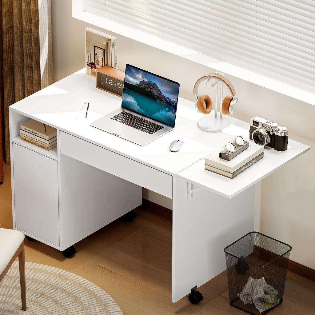 Rollbarer Computertisch, klappbarer Schreibtisch mit Schrank und Schublade, Spanplatte, Wei?