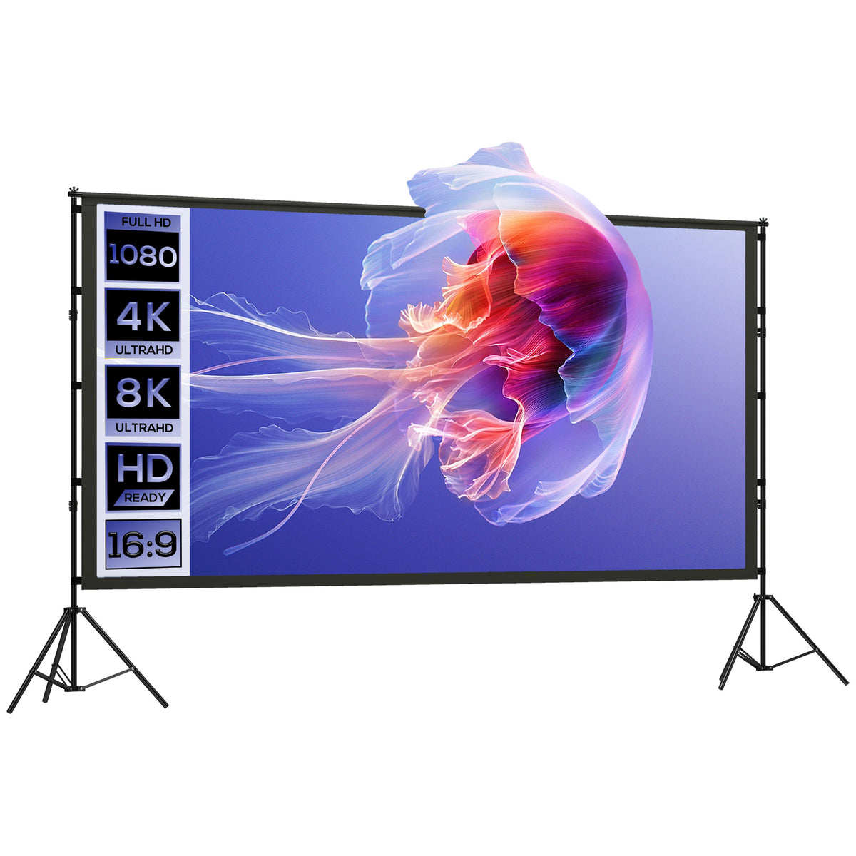 100 Zoll 16:9 HD 4K/8K Projektor-Leinwand mit Ständer, tragbare doppelseitige Leinwand mit klappbaren Stativen, Weiß