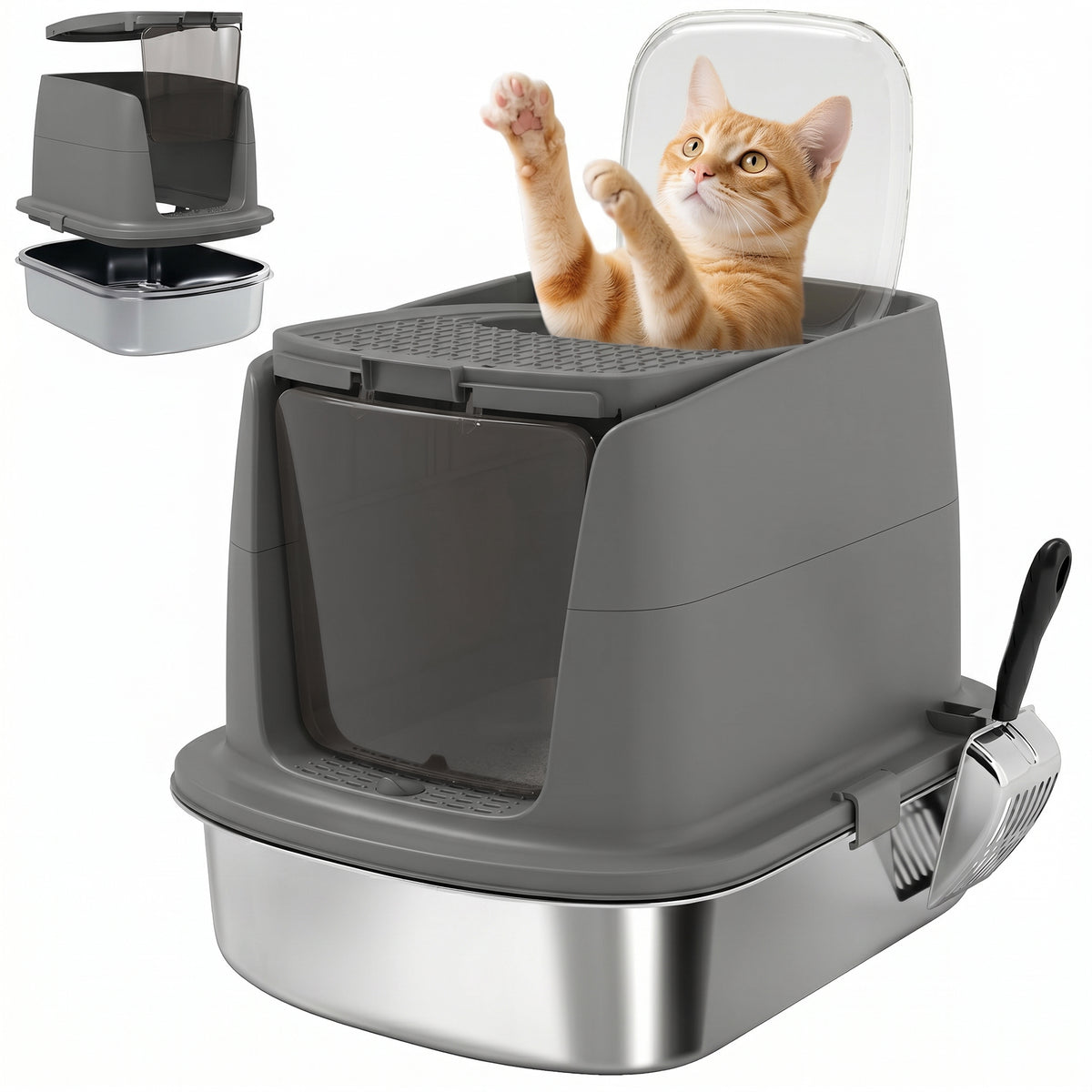 Large Stainless Steel Litter Box, Enclosed Metal Cat Litter Tray with Scoop, Deodoriser Bag, Front-Entry and Top-Exit