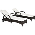 3er-Sonnenliegen-Set, 2x Gartenliege mit Beistelltisch, inkl. Liegeauflagen, Polyrattan, Braun+Cremeweiß