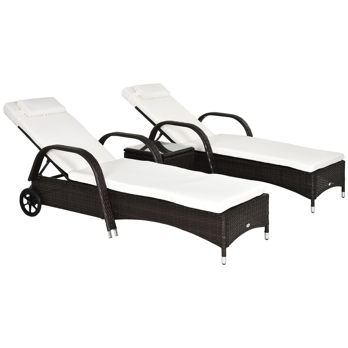 3er-Sonnenliegen-Set, 2x Gartenliege mit Beistelltisch, inkl. Liegeauflagen, Polyrattan, Braun+Cremeweiß