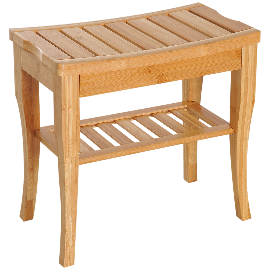 45cm 2-Tier Slatted Shower Bench Storage Seat w/ 4 Legs Comfortable Safe Bathroom Stool Spa Bath Organiser