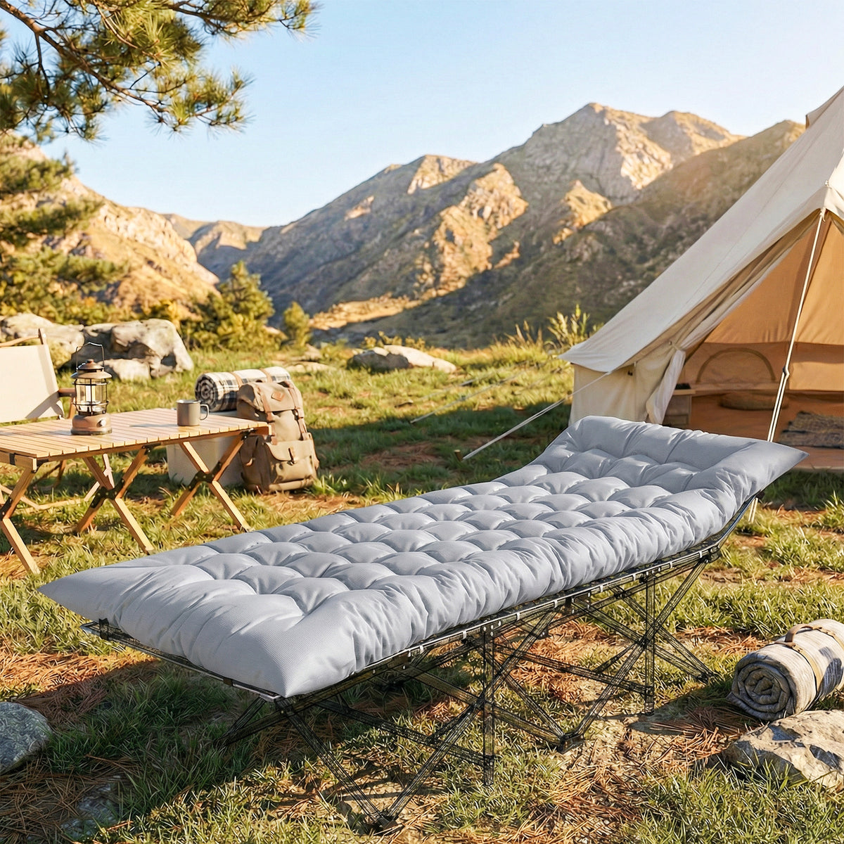 Camping Isomatte faltbare 8cm Dick Campingmatratze mit rutschfester Hülle Gurten für Camping 200 x 80 cm Hellgrau