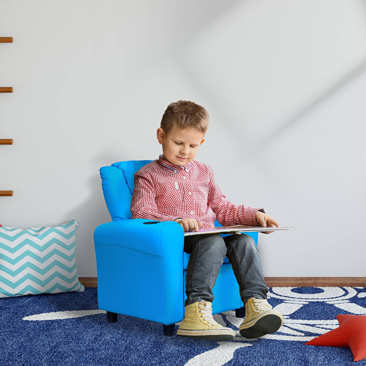 Kids Recliner Chair, PU Leather with Adjustable Backrest, Footrest, Padded Headrest, Blue