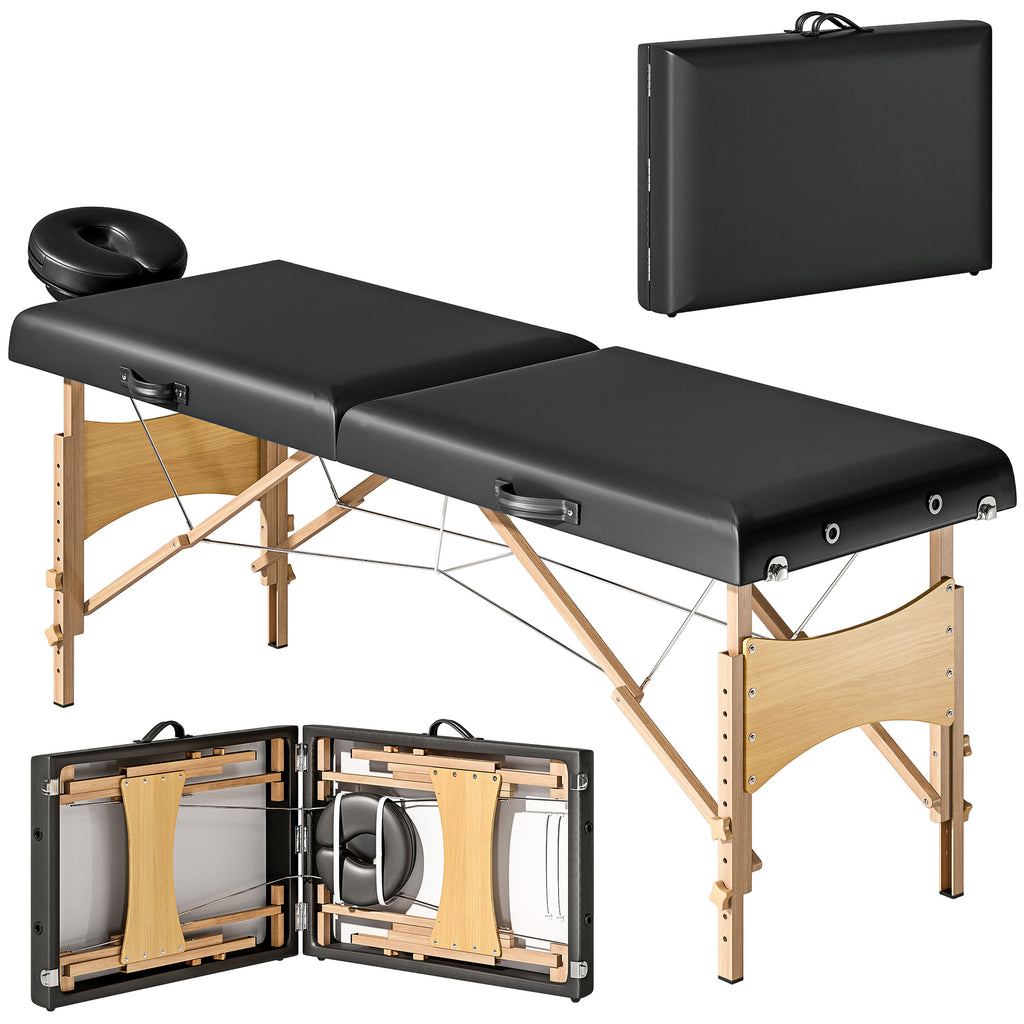 H?henverstellbarer Massagetisch, Holzgestell, Klappbares Massagebett, Schaumstoffpolsterung, Schwarz