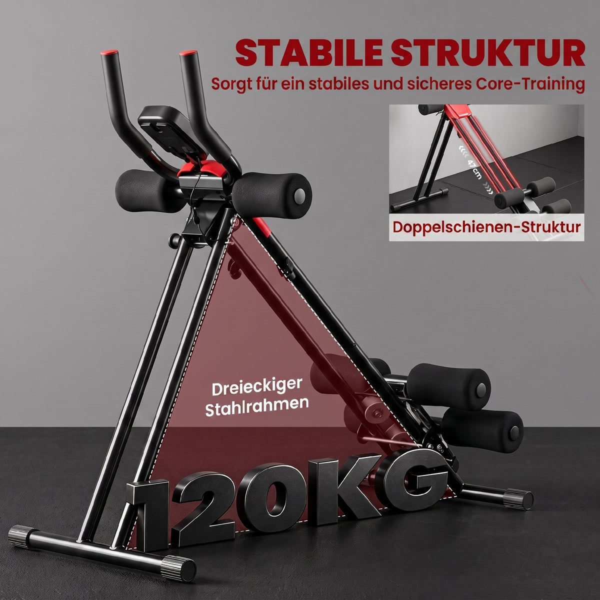 Bauchtrainer, Klappbarer Bauchmuskeltrainer mit LCD-Anzeige, Doppel-Schienen belastbar bis 120 kg, Stahl, Rot