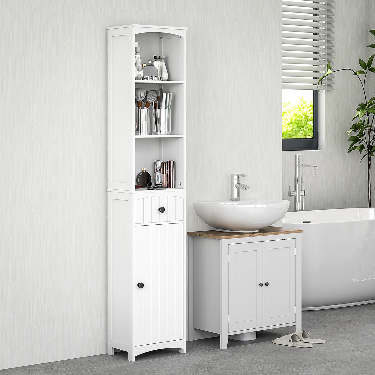 Badezimmerschrank mit 3 Regalen, 1 Schublade, robust, MDF, Wei?