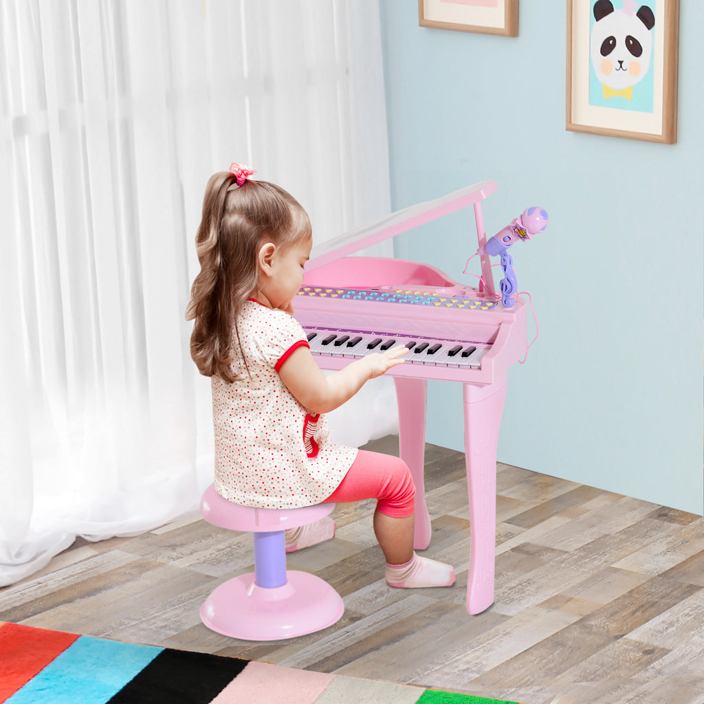 Keyboard Kinder mit 37 Tasten, Hocker Klavier mit Mikrofon, LED-Lehrmodus, Aufnahme, Piano Musikinstrument f¨¹r 3-6 Jahre Kinder Rosa