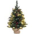 Weihnachtsbaum mit LED-Beleuchtung, 60 cm, Tannenzapfen und rote Beeren, inkl. Ständer, Grün/Weiß