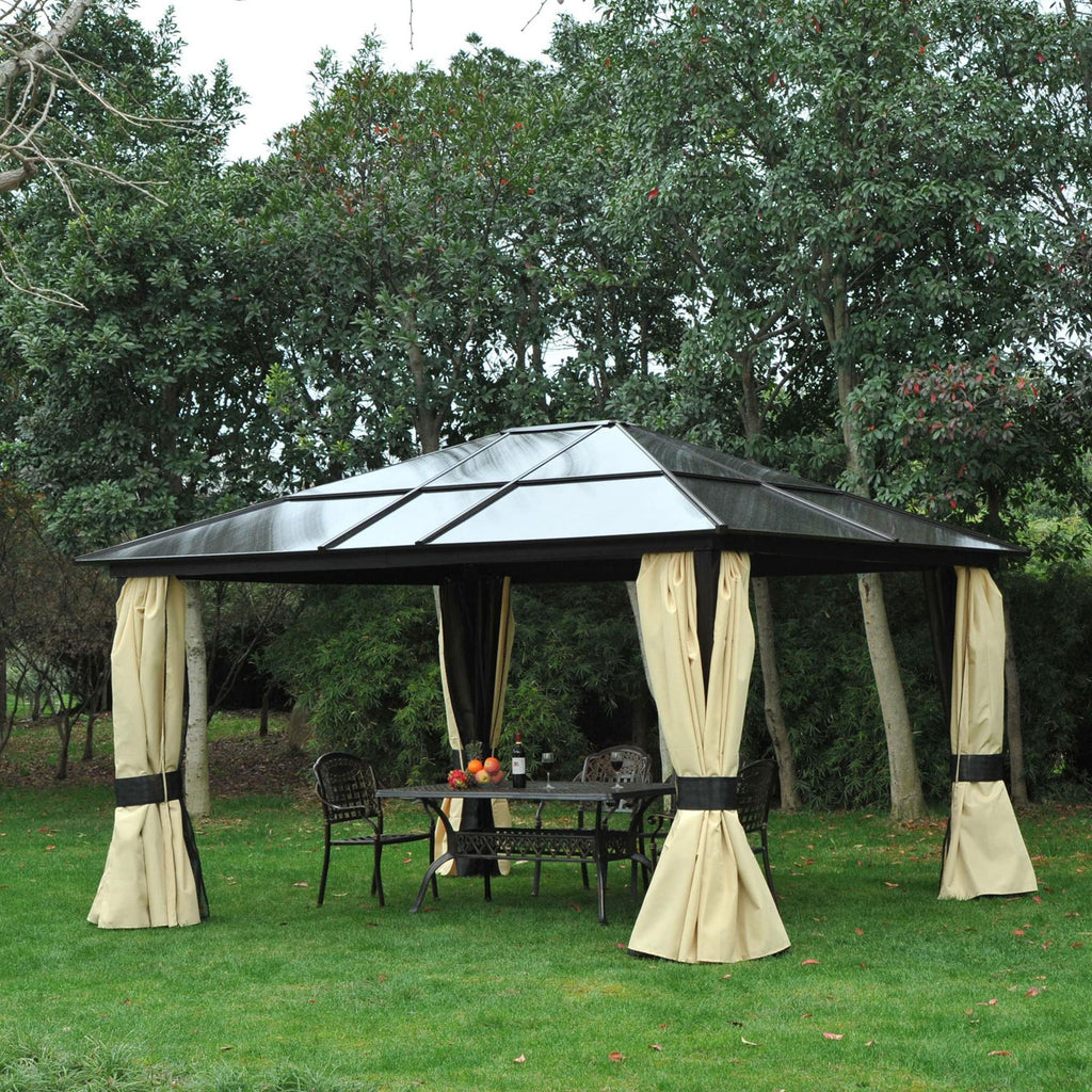 Hardtop-Gartenpavillon 4,2 x 3,6 m, Vorhänge mit Fliegennetz, Alugestell, Braun+Creme