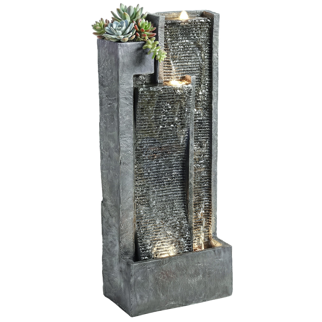 Springbrunnen 3-stufig Gartenbrunnen mit LED Beleuchtung Pflanzkübel Pumpe Steinoptik, Verstellbar 38 x 19 x 101 cm