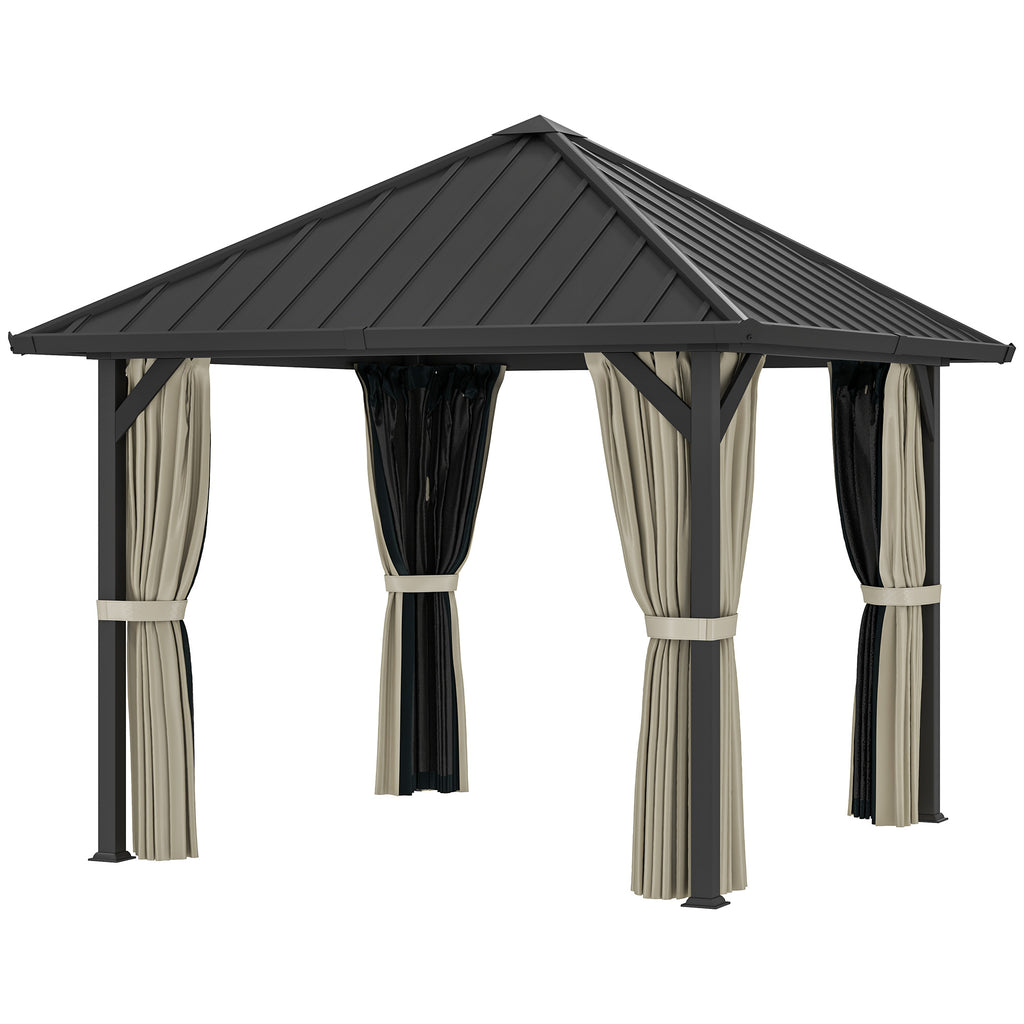 3 x 3 m Hartdach-Pavillon, Gartenpavillon mit Metalldach, Wasserfestes Gartenzelt mit Netz und Seitenwänden, Dunkelgrau