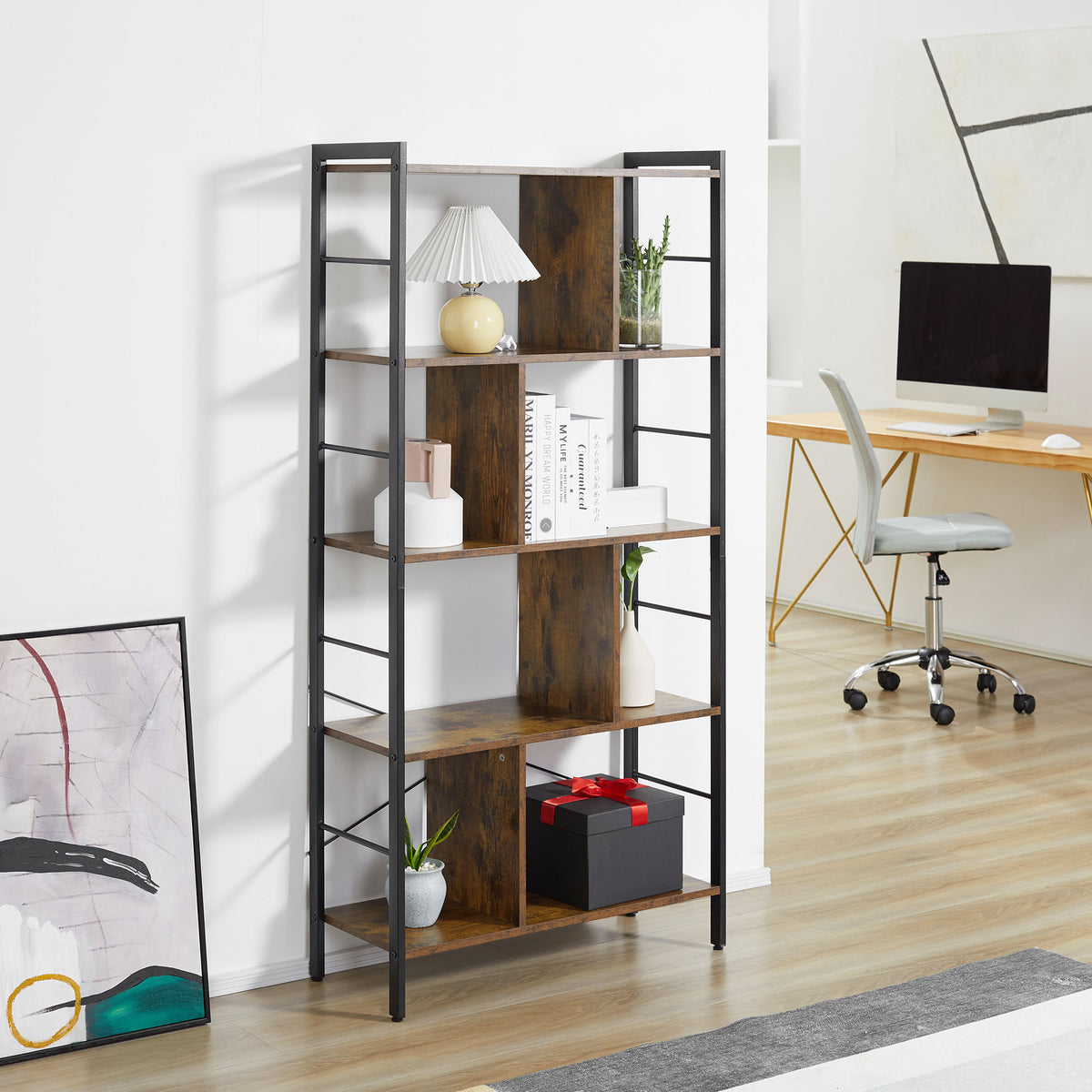 Bücherregal, Schmal Standregal Regal mit 5 Ebenen, Büroregal für Wohnzimmer, 77 x 30 x 157,5 cm, Rustikales Braun