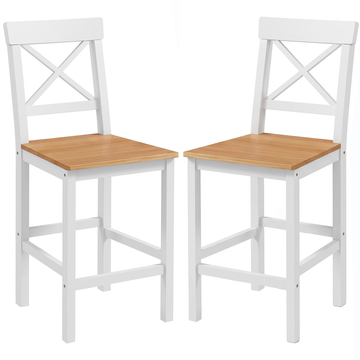 Barhocker 2er Set Barstuhl aus Kiefernholz mit Fußstütze, Lehne, Landhaus-Stil für Küche, Wohnzimmer, Natur