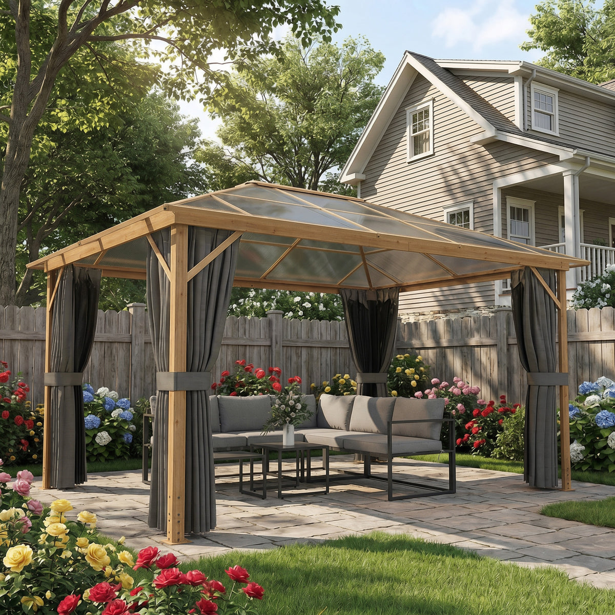 Gartenpavillon ca. 4x3m Aluminium Pavillon mit Polycarbonat-Dach 6 mm Moskitonetz 4 Seitenteile Holzoptik Naturholz