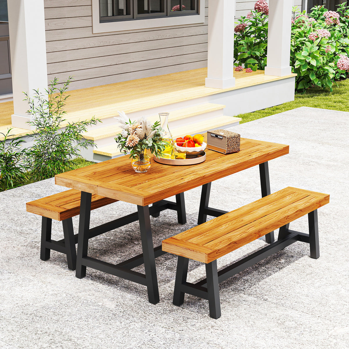 Sitzgruppe 3-teilig Holz Essgruppe für 4 Personen Esstisch mit 2 Bänke Teak