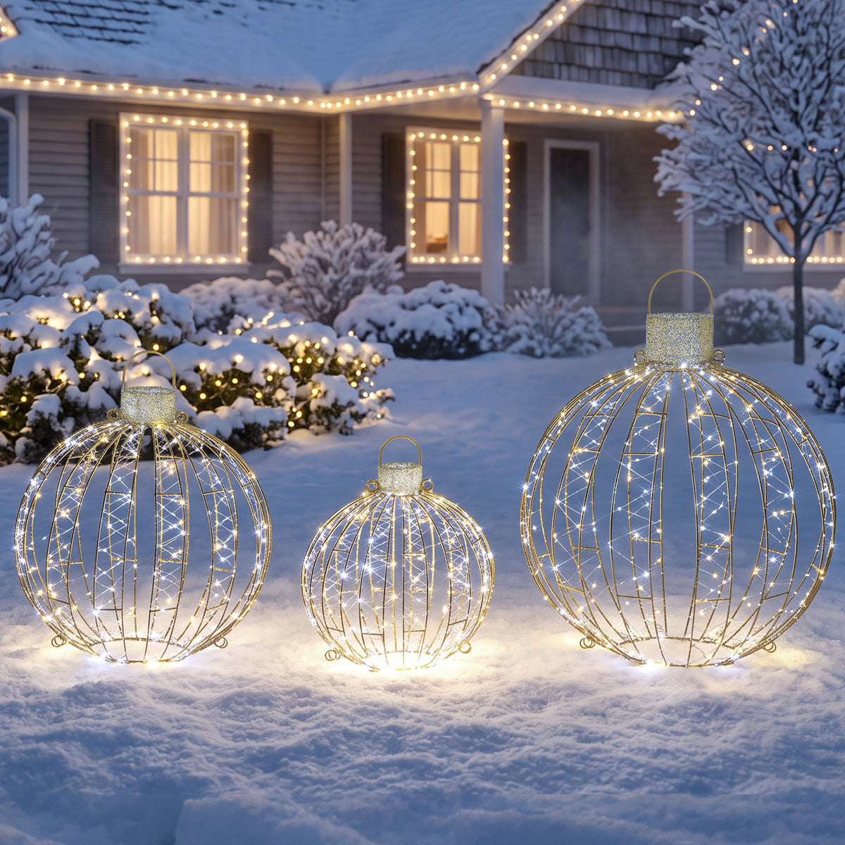 3-tlg. beleuchtetes Weihnachtskugel-Set für außen, 360 warmweiße/kaltweiße LEDs, Dauer- & Blinklicht, 24-Stunden-Timer