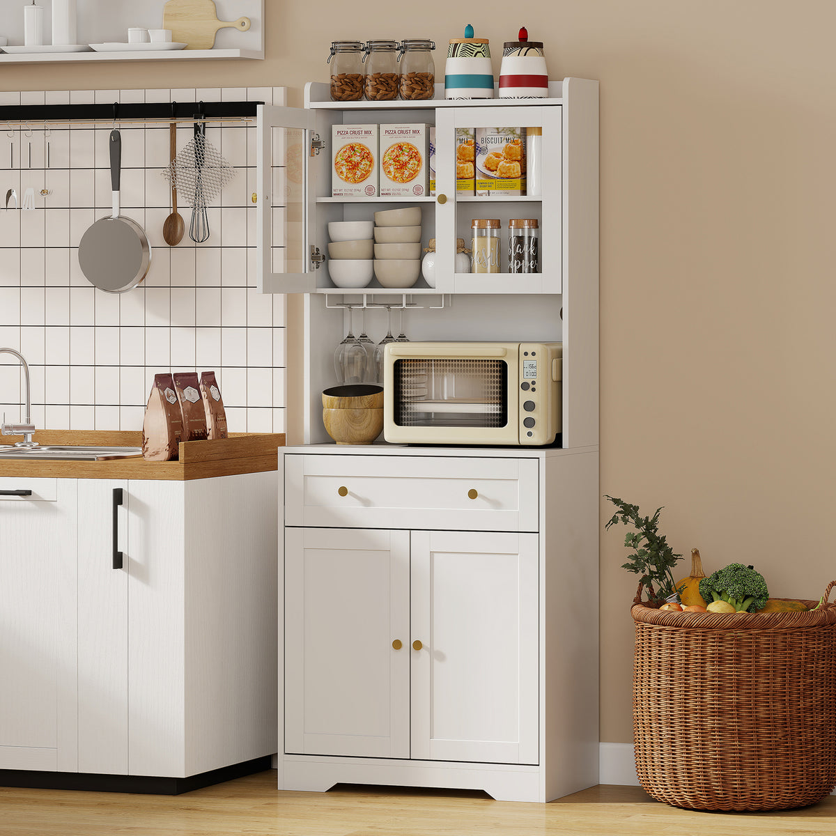K¨¹chenschrank mit Arbeitsfl?che, Weinglashalter, Vorratsschrank f¨¹r K¨¹che, Esszimmer, 170 cm, MDF, Glas, Wei?