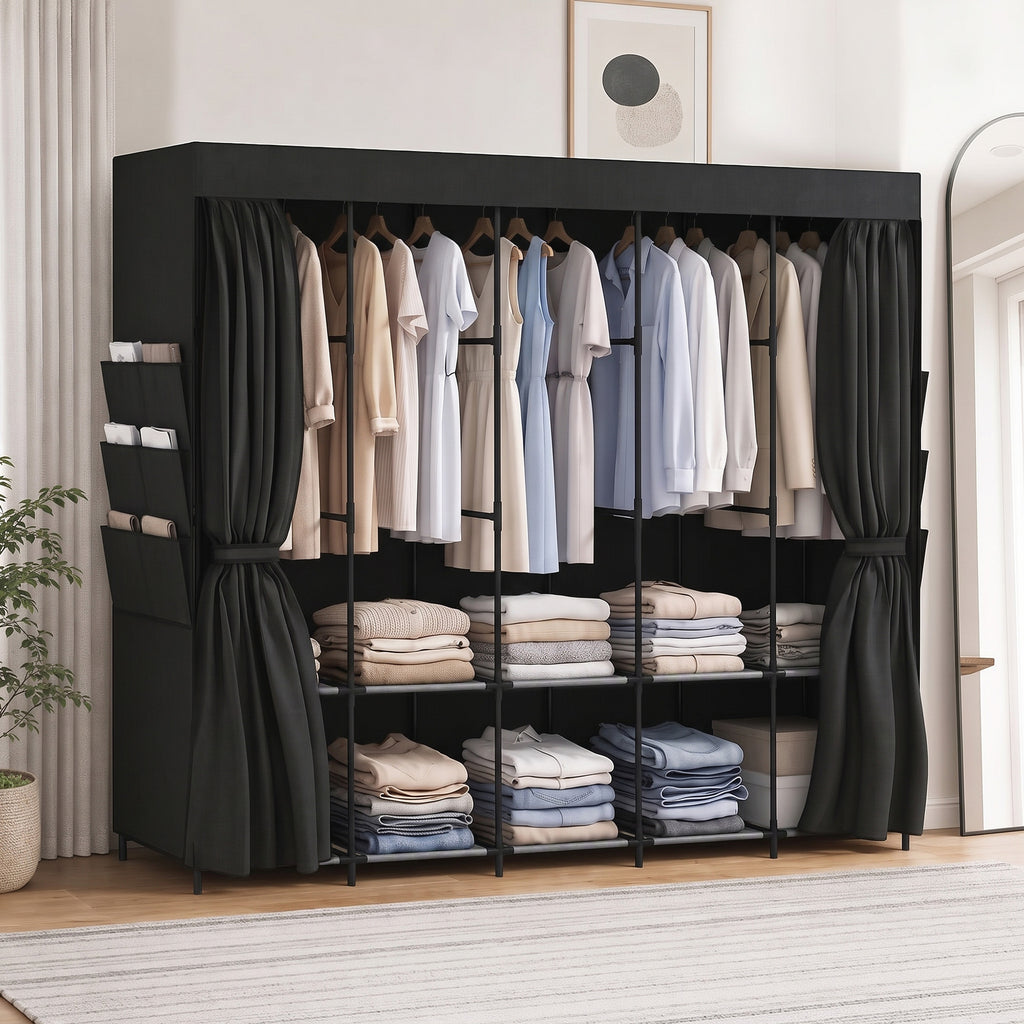 Stoff-Kleiderschrank, staubdicht, tragbar, 5 Kleiderstangen, 212 x 45 x 167 cm, Schwarz