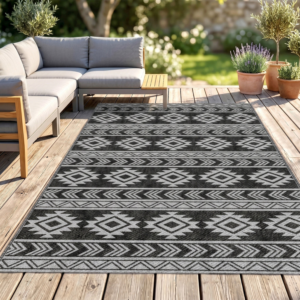 Outdoor-Teppich, wasserdicht, doppelseitiges Design, hochwertige Kunststofffaser, schwarz+grau, 182 x 274cm