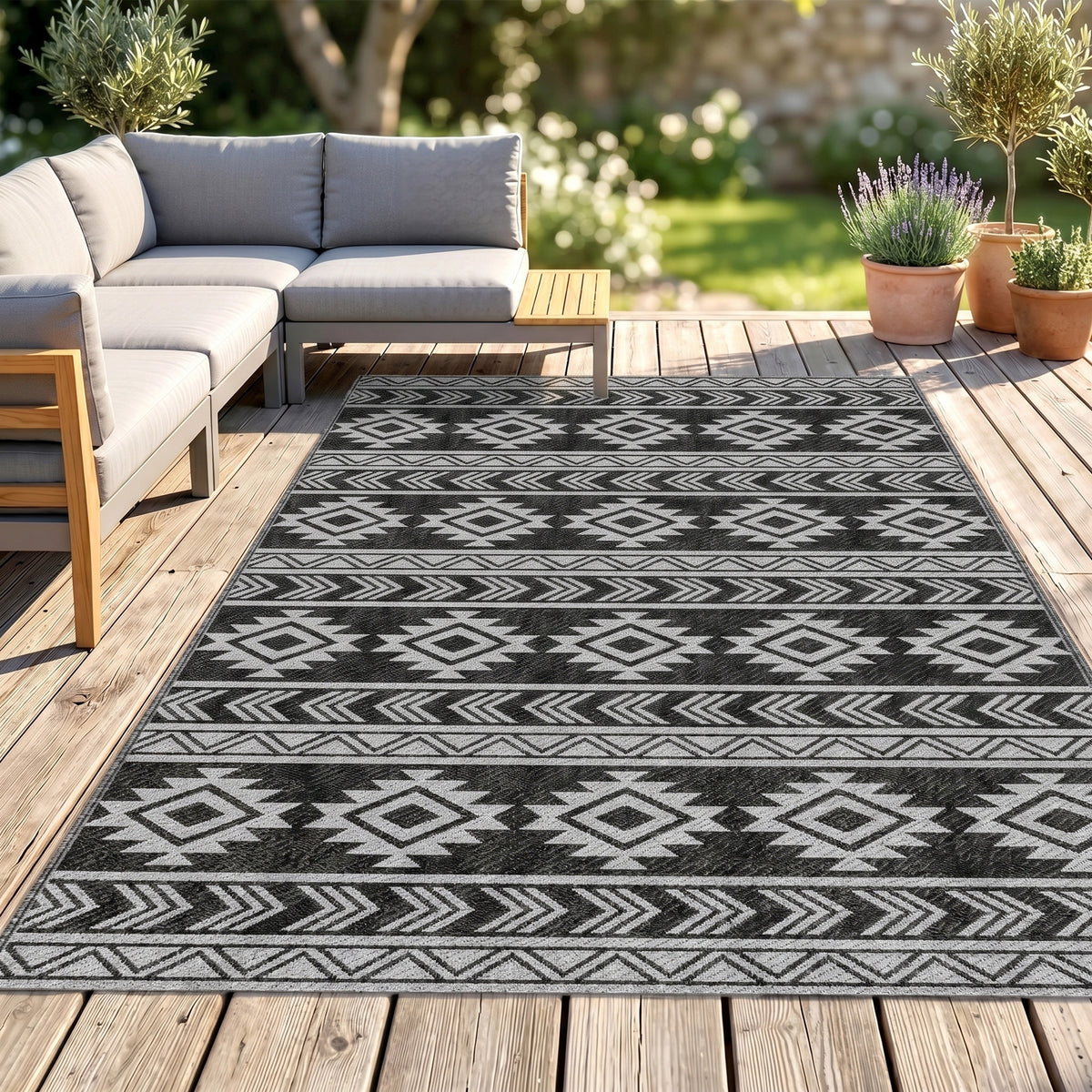 Outdoor-Teppich, wasserdicht, doppelseitiges Design, hochwertige Kunststofffaser, schwarz+grau, 182 x 274cm