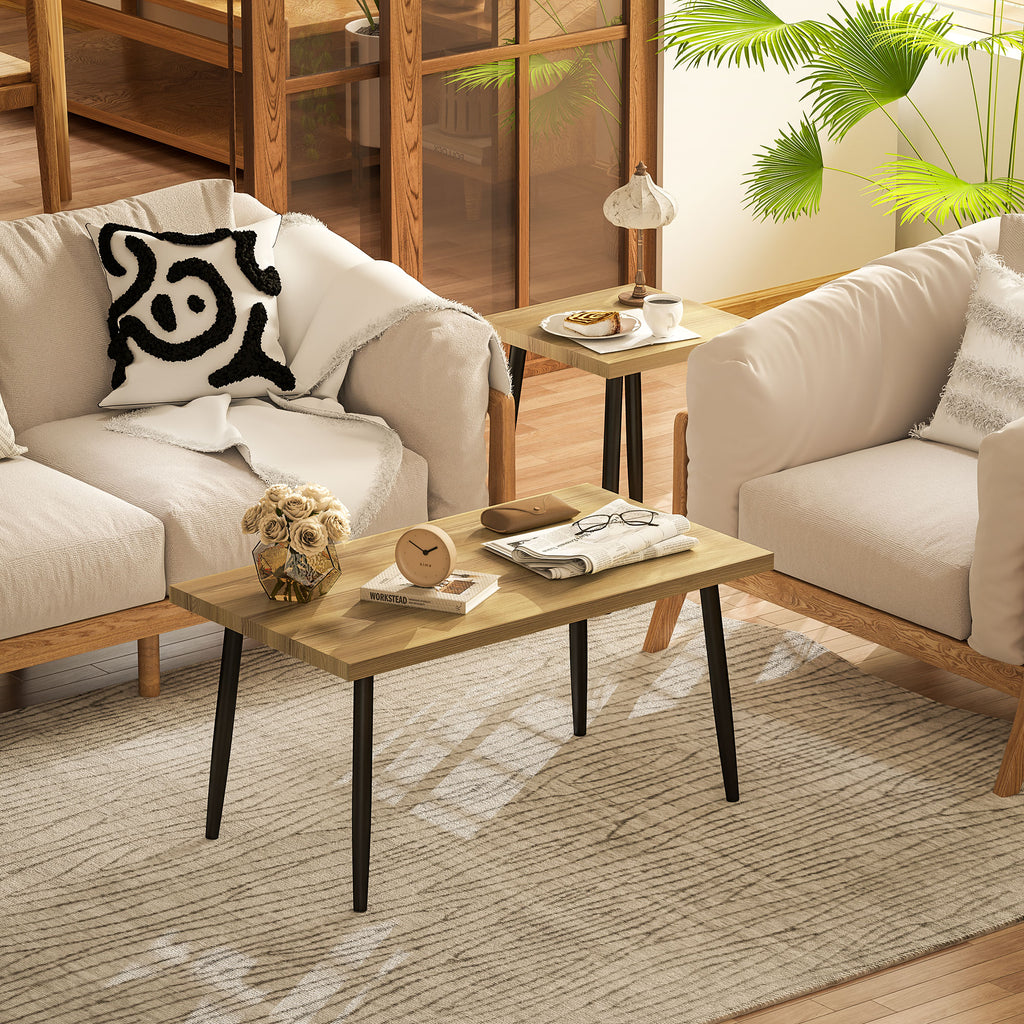 2er-Set Kaffeetische, Gro?er und kleiner Tisch mit Metallrahmen und Holzplatte, Flexible Couchtische, Naturholz