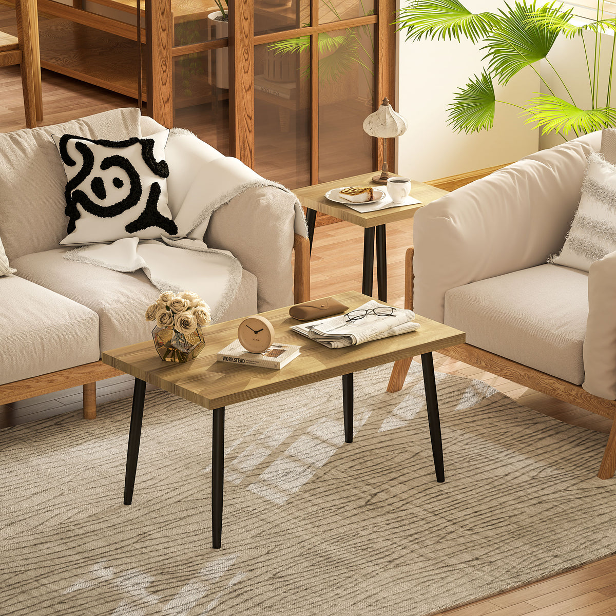 2er-Set Kaffeetische, Gro?er und kleiner Tisch mit Metallrahmen und Holzplatte, Flexible Couchtische, Naturholz