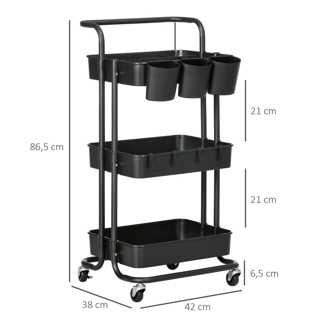 Three-Tier Home Trolley, with Handle and Wheels - Black
