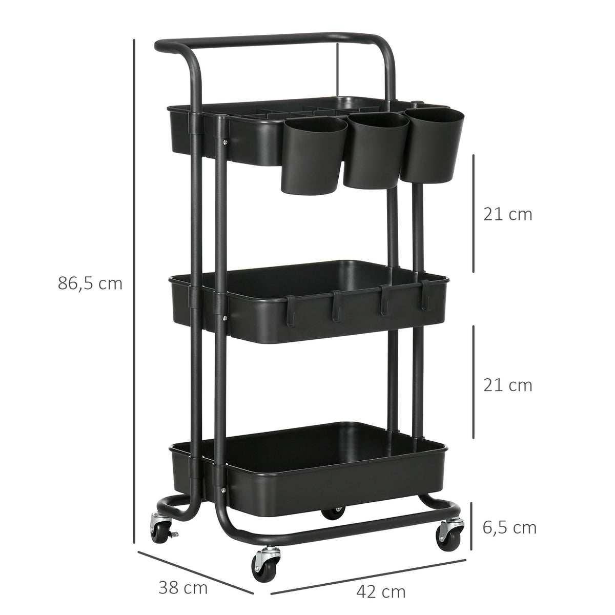 Three-Tier Home Trolley, with Handle and Wheels - Black