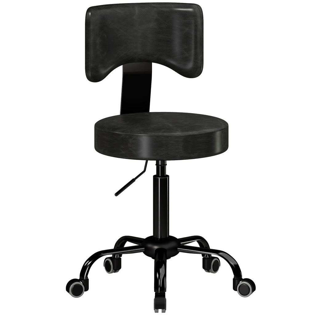 Rollhocker, höhenverstellbarer Salonstuhl aus PU-Leder mit Polstersitz, Rückenlehne und Rollen, Schwarz