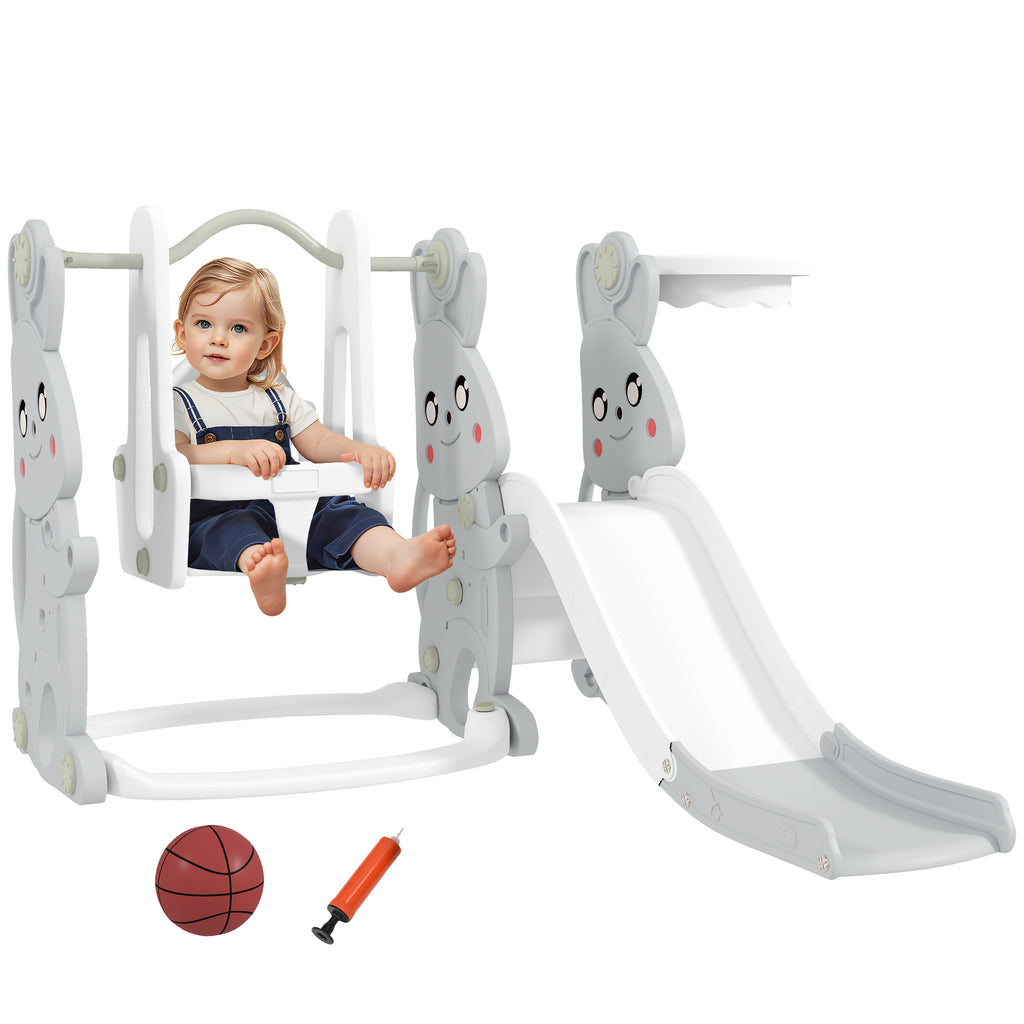 4-in-1 Spielset f¨¹r Kleinkinder, Rutsche, Schaukel, Kletterger¨¹st, Basketballkorb, Kunststoff, Hasendesign, Grau