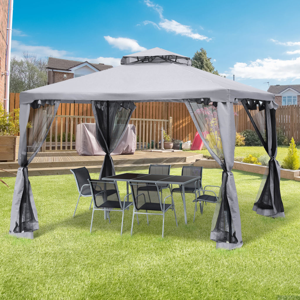 Pavillon mit Doppeldach, ca. 3x3 m mit Moskitonetz, Seitenteile Garten-Pavillon aus Metall Hellgrau