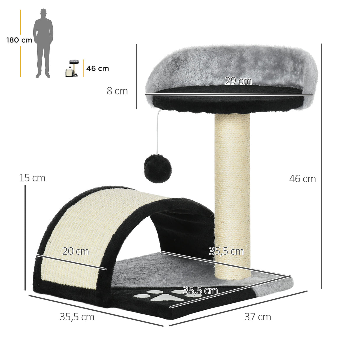 Kratzbaum 46 cm Kleiner Katzenturm mit Höhle, Spielball, Sisal-Seil, erhöhter Plattform, Katzenkratzbaum, Kletterbaum, für Katzen bis zu 4 kg, Schwarz