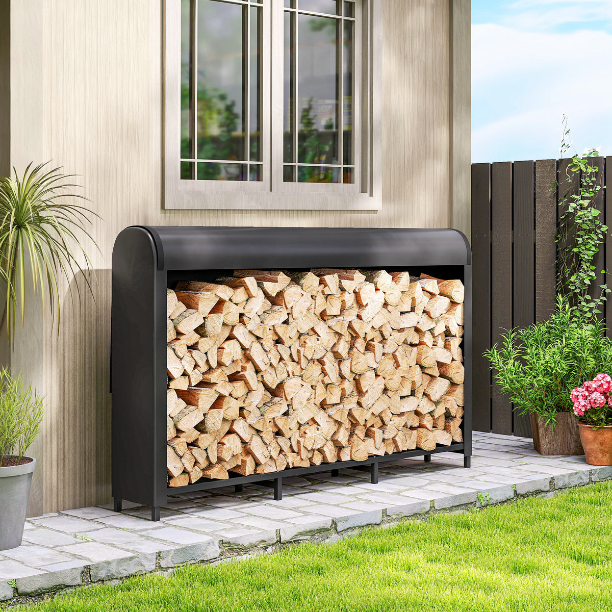 Kaminholzregal Metall 199 x 30 x 121 cm Brennholzregal 0,6m³ mit wasserdichter Abdeckung bis 300kg