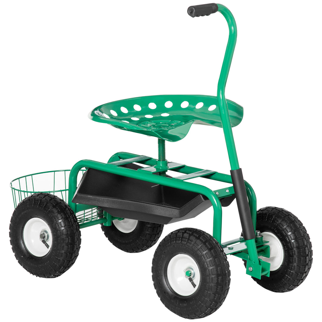 Rollsitz 360 ° drehbar höhenverstellbar Gartenwagen mit Ablagefläche Rollen Griff mobiler Gartensitz drehbar Arbeitssitz Gartenhocker bis 150 kg Metall Gartenrollsitz für Gartenarbeit Grün